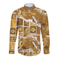Hawaii Japanese Culture Gold Long Sleeve Button Shirt Spring Cranes Aloha Pattern LT01 Unisex Gold - Polynesian Pride
