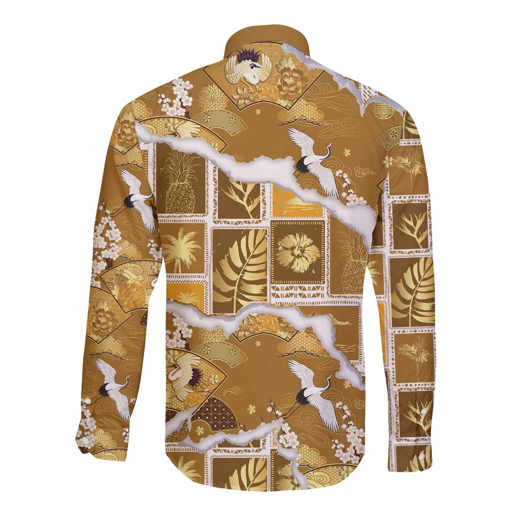 Hawaii Japanese Culture Gold Long Sleeve Button Shirt Spring Cranes Aloha Pattern LT01 - Polynesian Pride