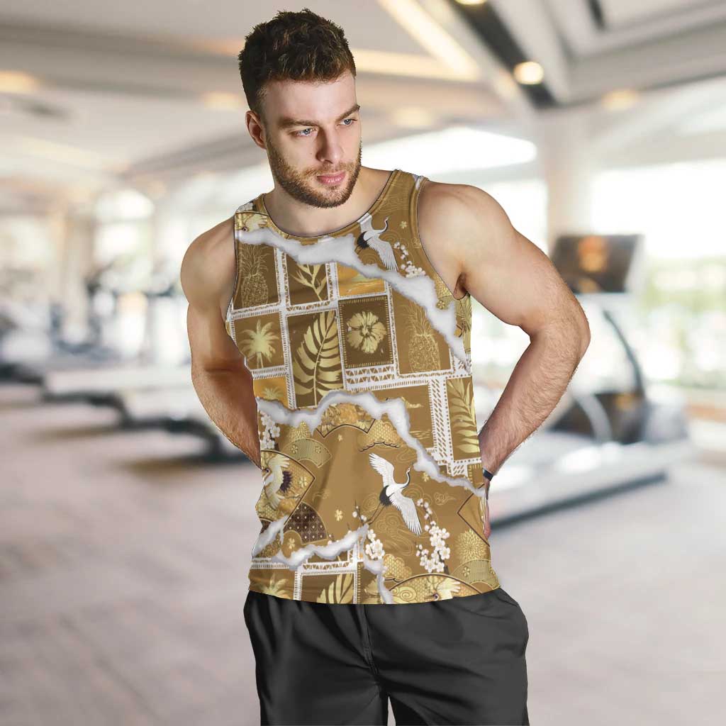 Hawaii Japanese Culture Gold Men Tank Top Spring Cranes Aloha Pattern LT01 Gold - Polynesian Pride