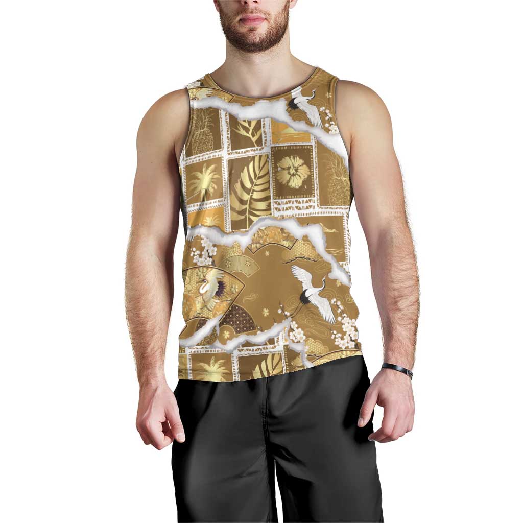 Hawaii Japanese Culture Gold Men Tank Top Spring Cranes Aloha Pattern LT01 - Polynesian Pride