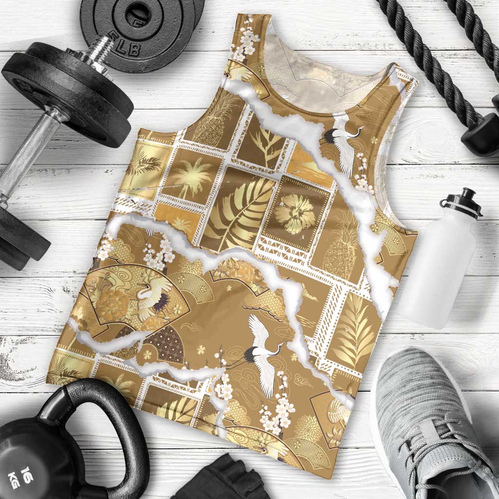 Hawaii Japanese Culture Gold Men Tank Top Spring Cranes Aloha Pattern LT01 - Polynesian Pride