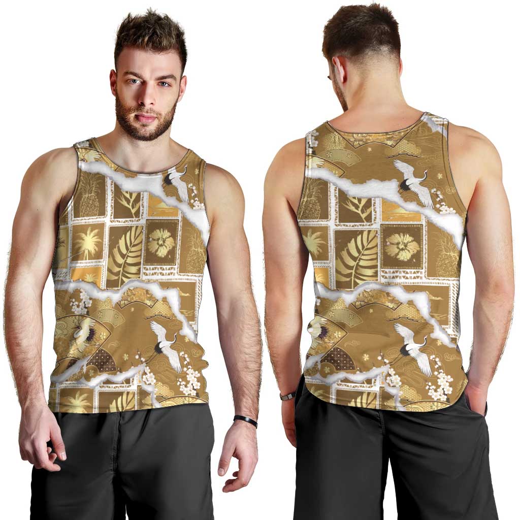 Hawaii Japanese Culture Gold Men Tank Top Spring Cranes Aloha Pattern LT01 - Polynesian Pride
