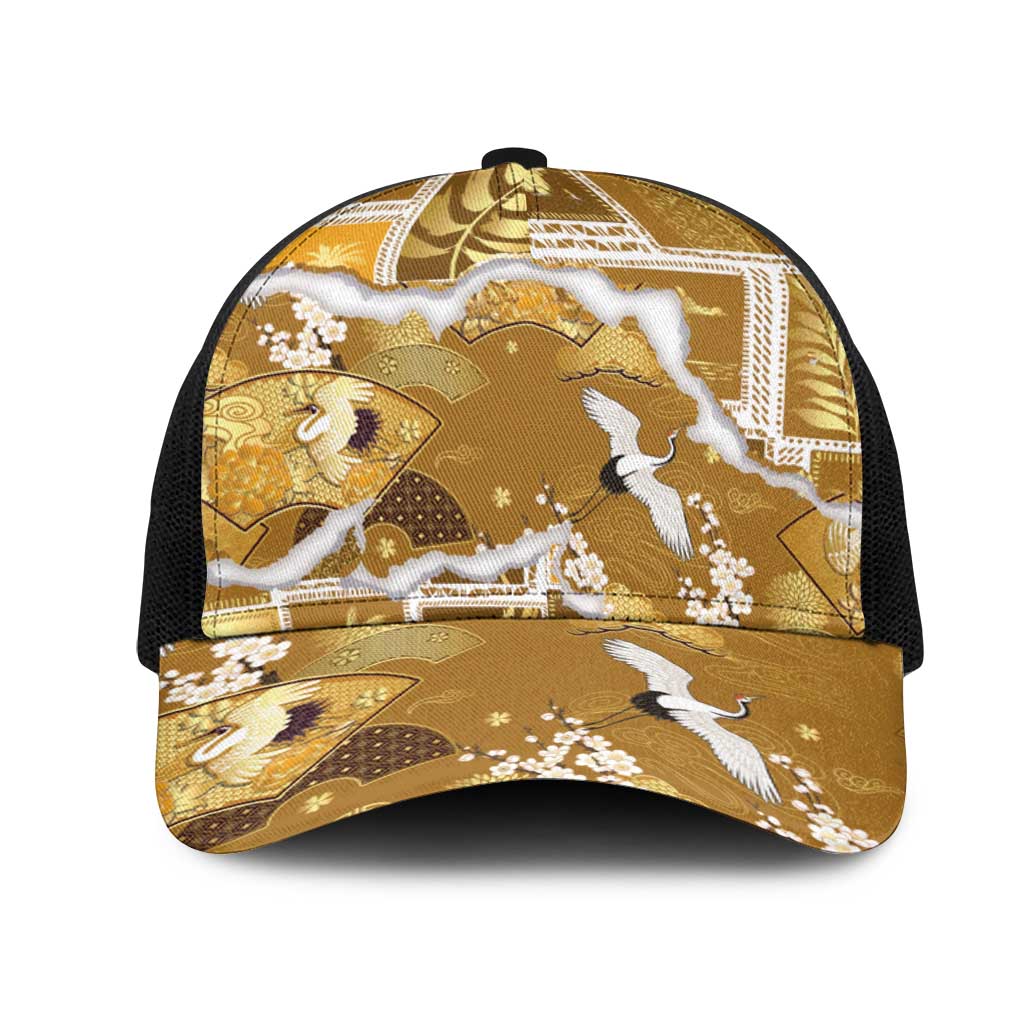 Hawaii Japanese Culture Gold Mesh Trucker Cap Spring Cranes Aloha Pattern LT01 One Size Black Gold - Polynesian Pride