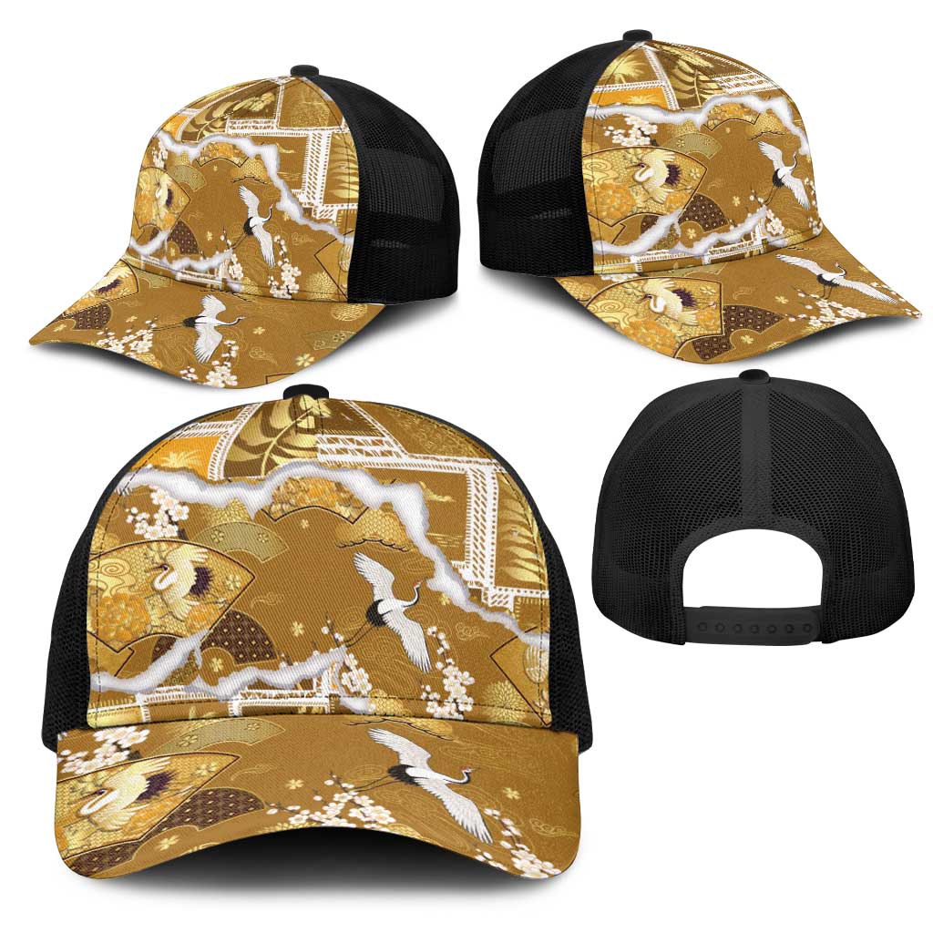 Hawaii Japanese Culture Gold Mesh Trucker Cap Spring Cranes Aloha Pattern LT01 - Polynesian Pride