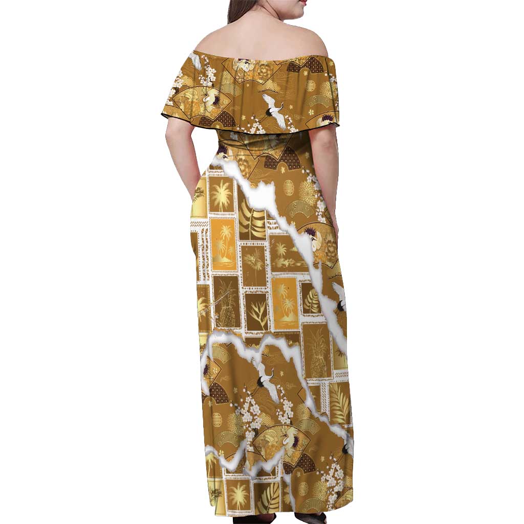 Hawaii Japanese Culture Gold Off Shoulder Maxi Dress Spring Cranes Aloha Pattern LT01 - Polynesian Pride