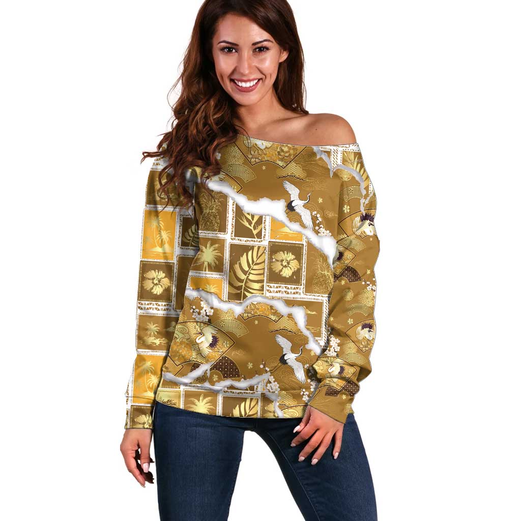Hawaii Japanese Culture Gold Off Shoulder Sweater Spring Cranes Aloha Pattern