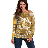 Hawaii Japanese Culture Gold Off Shoulder Sweater Spring Cranes Aloha Pattern