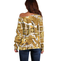 Hawaii Japanese Culture Gold Off Shoulder Sweater Spring Cranes Aloha Pattern