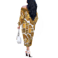Hawaii Japanese Culture Gold Off The Shoulder Long Sleeve Dress Spring Cranes Aloha Pattern LT01 - Polynesian Pride