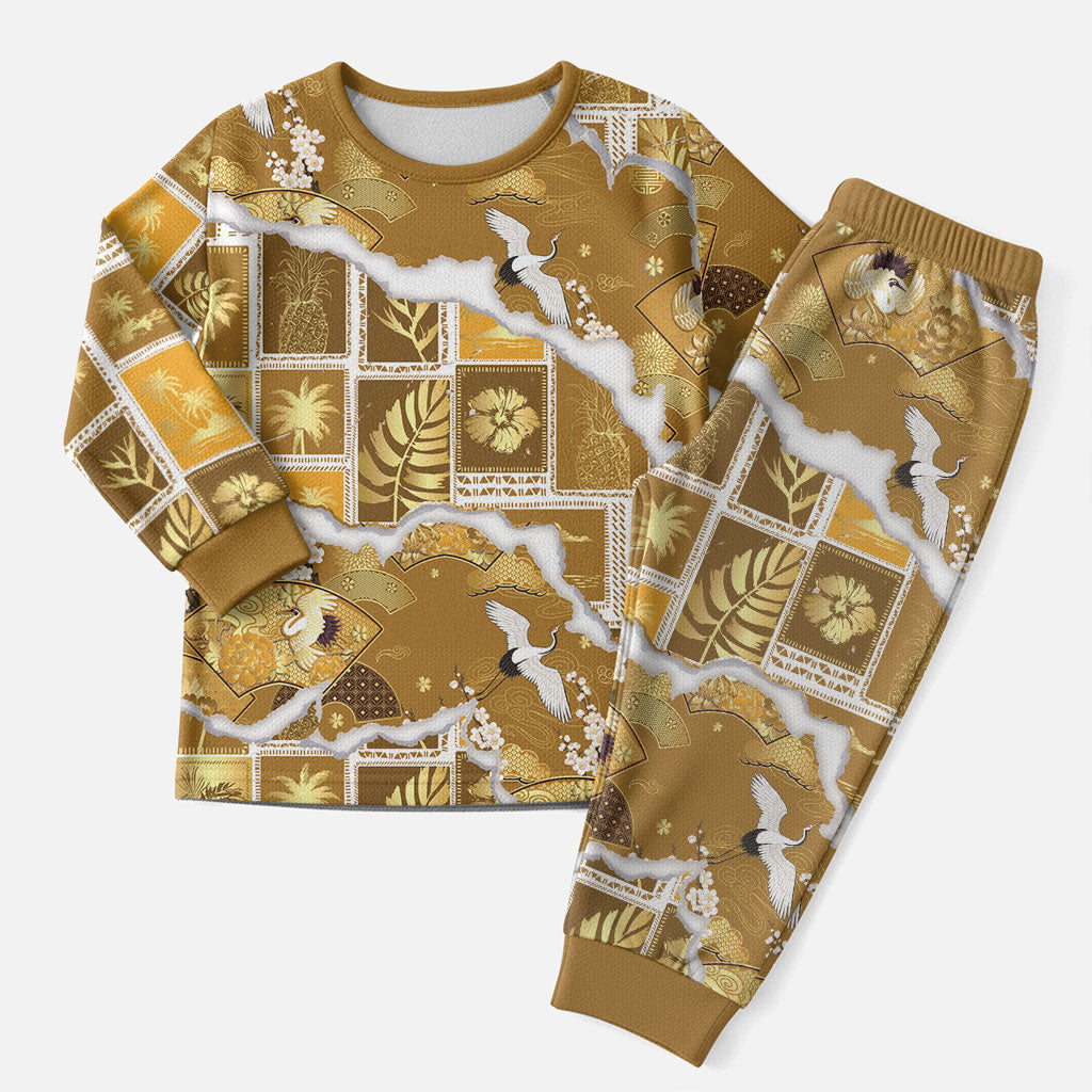 Hawaii Japanese Culture Gold Christmas Pajama Set Spring Cranes Aloha Pattern