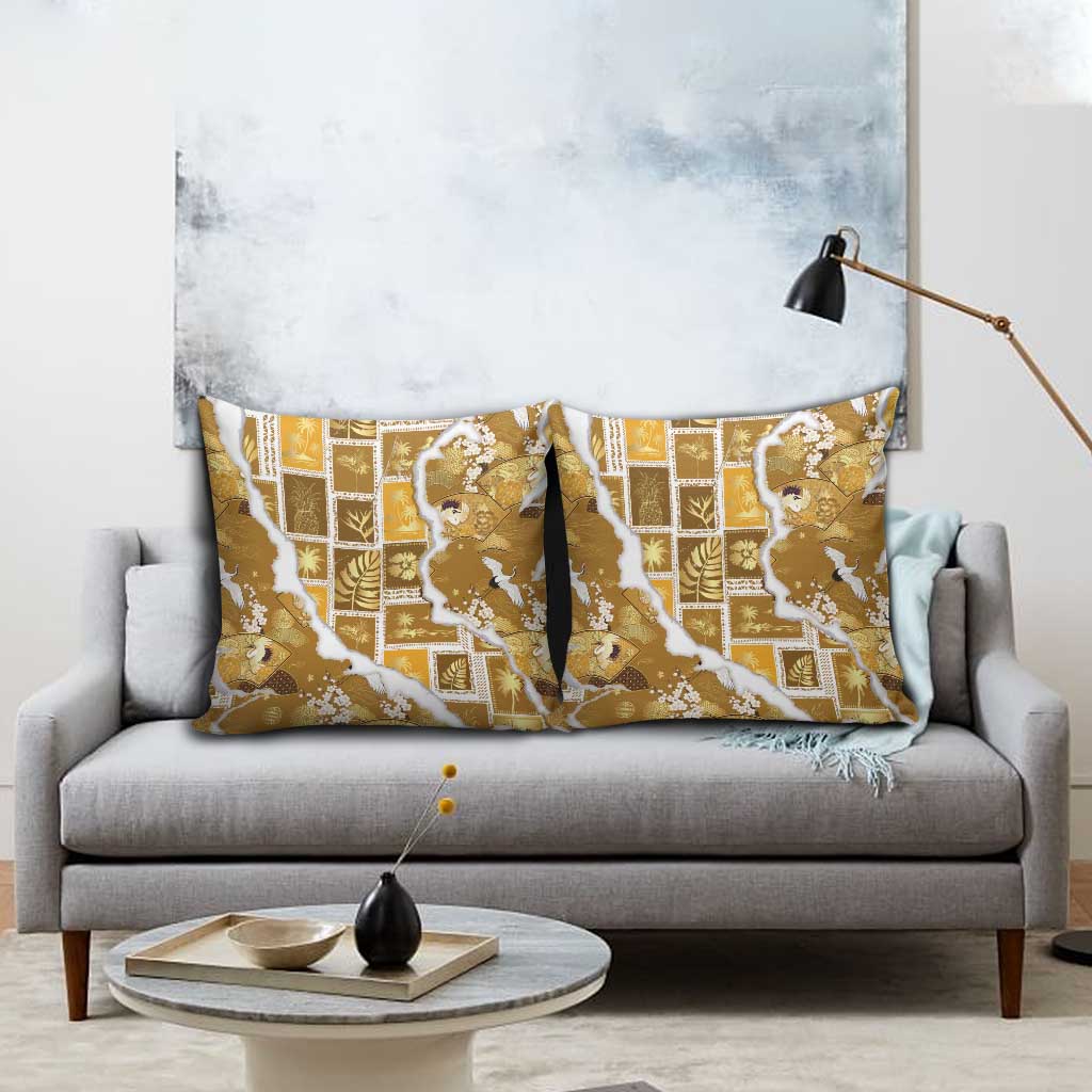 Hawaii Japanese Culture Gold Pillow Cover Spring Cranes Aloha Pattern