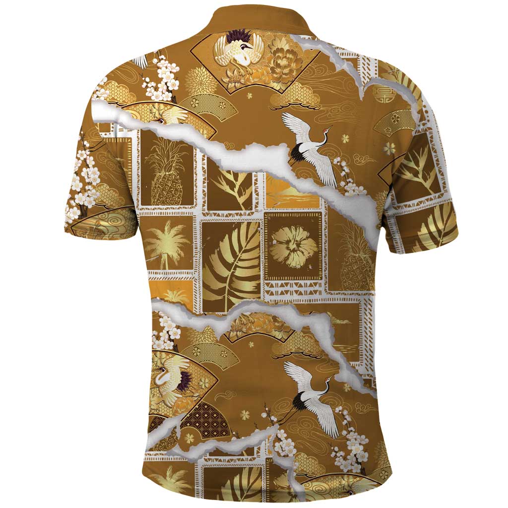 Hawaii Japanese Culture Gold Polo Shirt Spring Cranes Aloha Pattern LT01 - Polynesian Pride