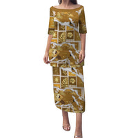 Hawaii Japanese Culture Gold Puletasi Spring Cranes Aloha Pattern LT01 Long Dress Gold - Polynesian Pride