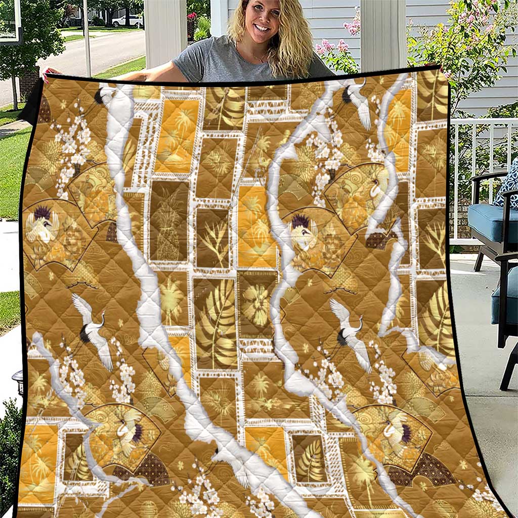 Hawaii Japanese Culture Gold Quilt Spring Cranes Aloha Pattern