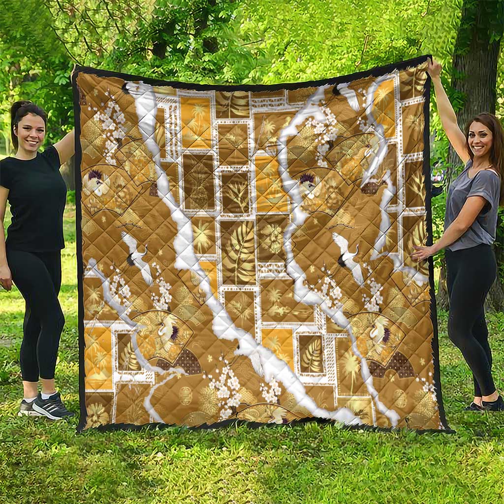 Hawaii Japanese Culture Gold Quilt Spring Cranes Aloha Pattern