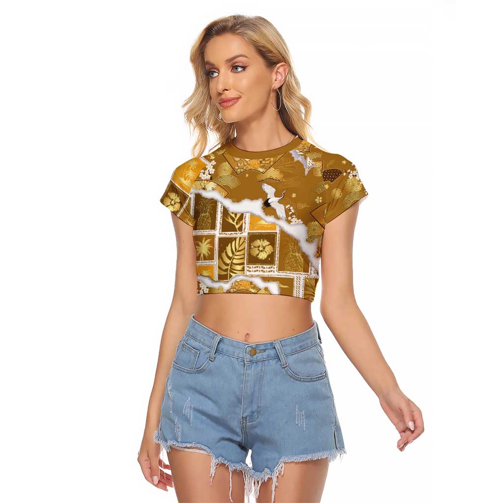 Hawaii Japanese Culture Gold Raglan Cropped T Shirt Spring Cranes Aloha Pattern LT01 Female Gold - Polynesian Pride