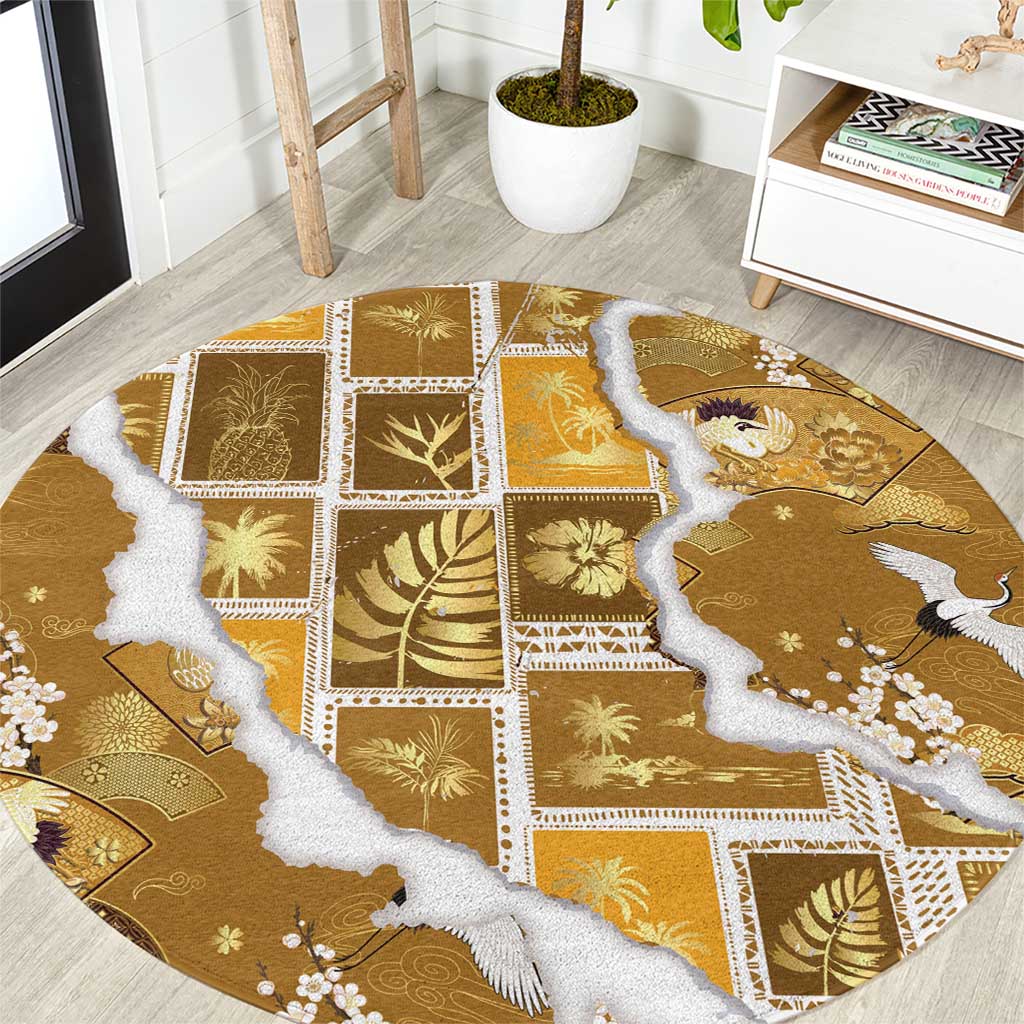 Hawaii Japanese Culture Gold Round Carpet Spring Cranes Aloha Pattern LT01 Gold - Polynesian Pride