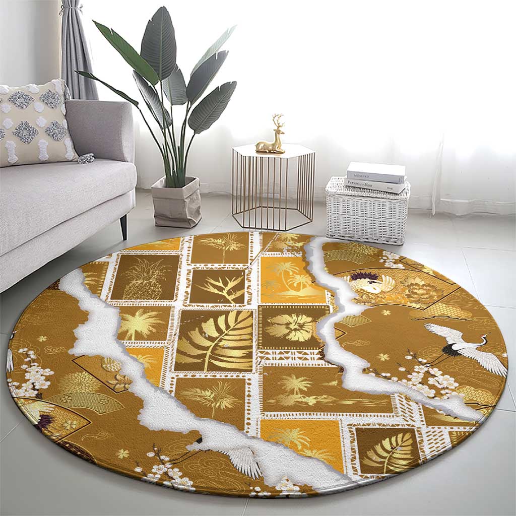 Hawaii Japanese Culture Gold Round Carpet Spring Cranes Aloha Pattern LT01 - Polynesian Pride