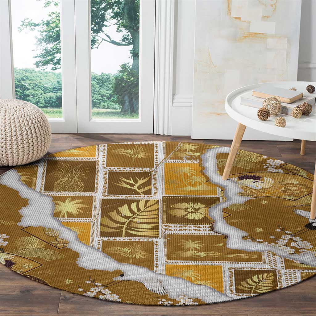 Hawaii Japanese Culture Gold Round Carpet Spring Cranes Aloha Pattern LT01 - Polynesian Pride