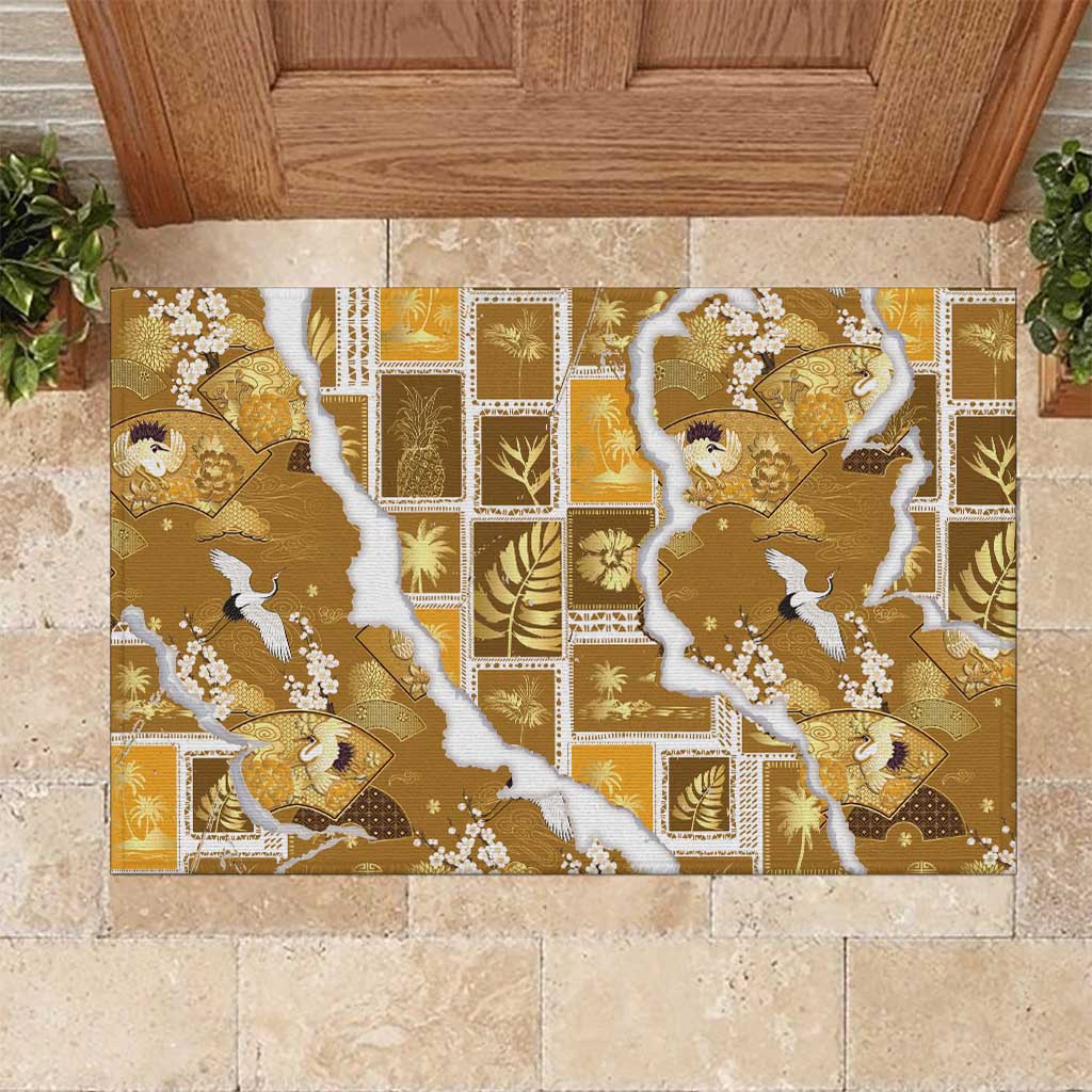 Hawaii Japanese Culture Gold Rubber Doormat Spring Cranes Aloha Pattern LT01 Gold - Polynesian Pride