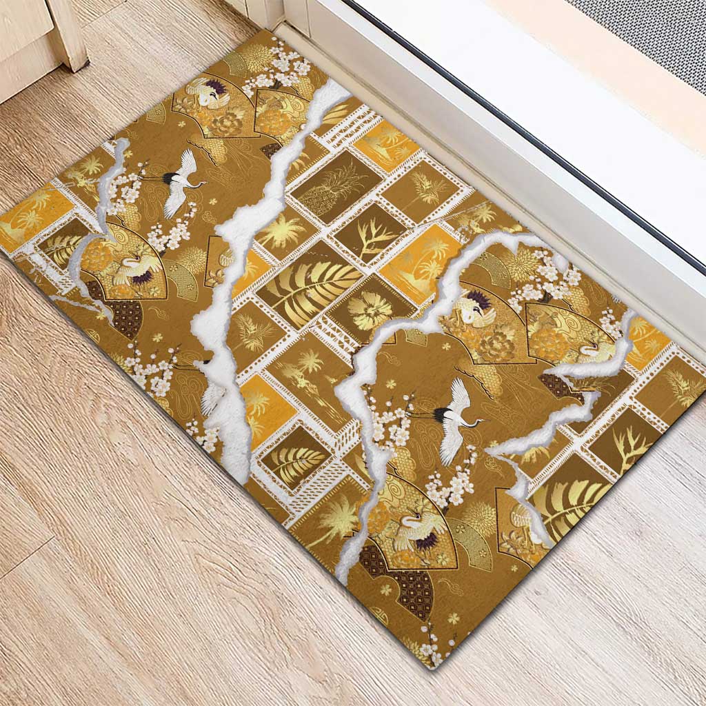 Hawaii Japanese Culture Gold Rubber Doormat Spring Cranes Aloha Pattern LT01 - Polynesian Pride