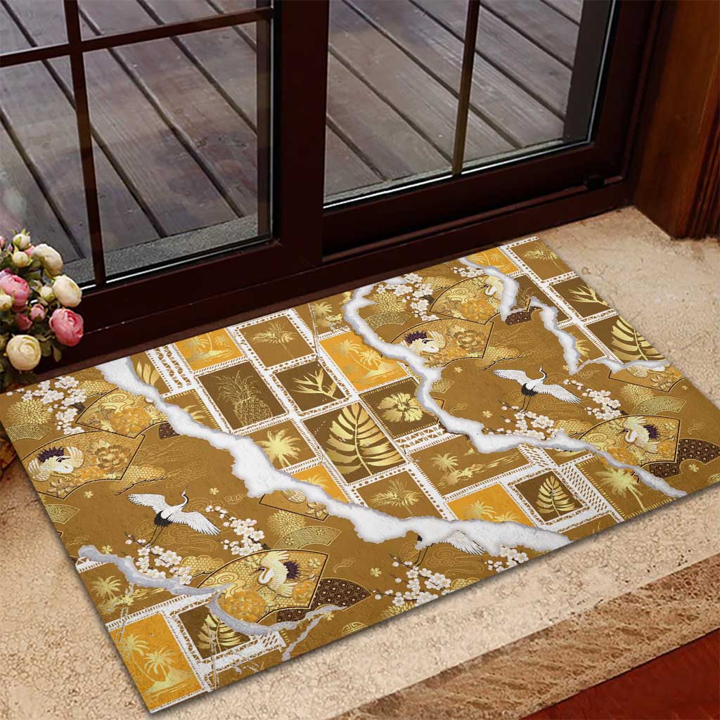 Hawaii Japanese Culture Gold Rubber Doormat Spring Cranes Aloha Pattern LT01 - Polynesian Pride