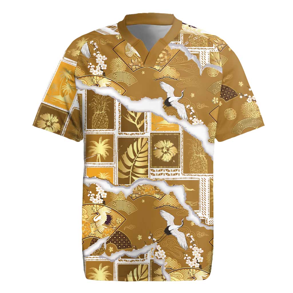 Hawaii Japanese Culture Gold Rugby Jersey Spring Cranes Aloha Pattern