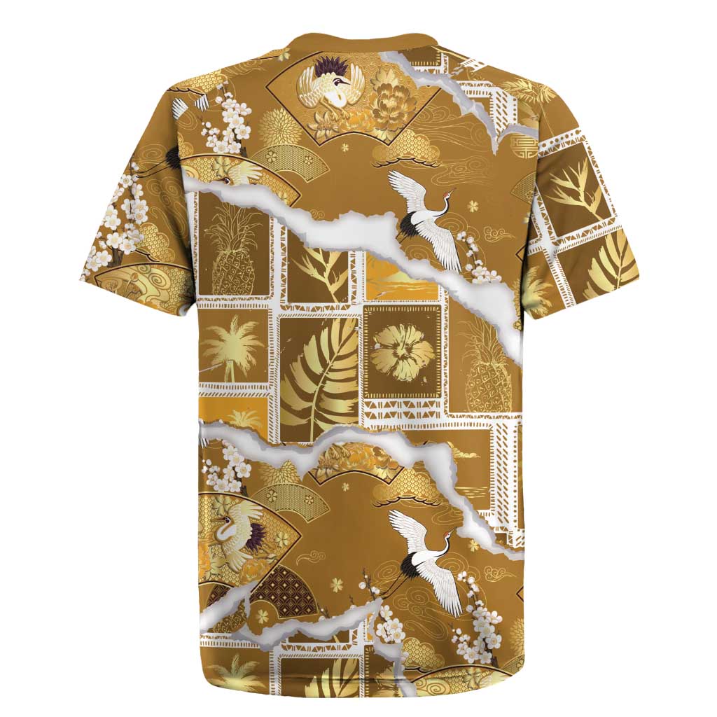 Hawaii Japanese Culture Gold Rugby Jersey Spring Cranes Aloha Pattern LT01 - Polynesian Pride