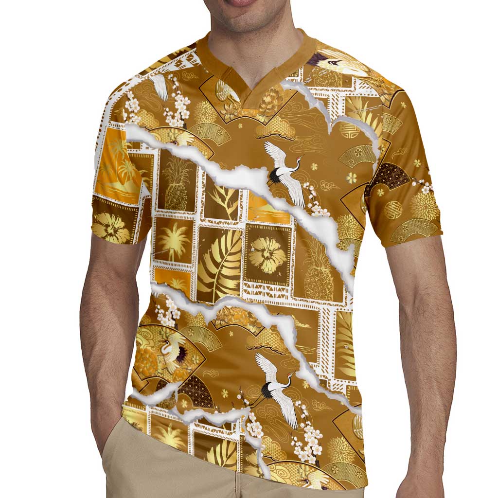 Hawaii Japanese Culture Gold Rugby Jersey Spring Cranes Aloha Pattern LT01 - Polynesian Pride