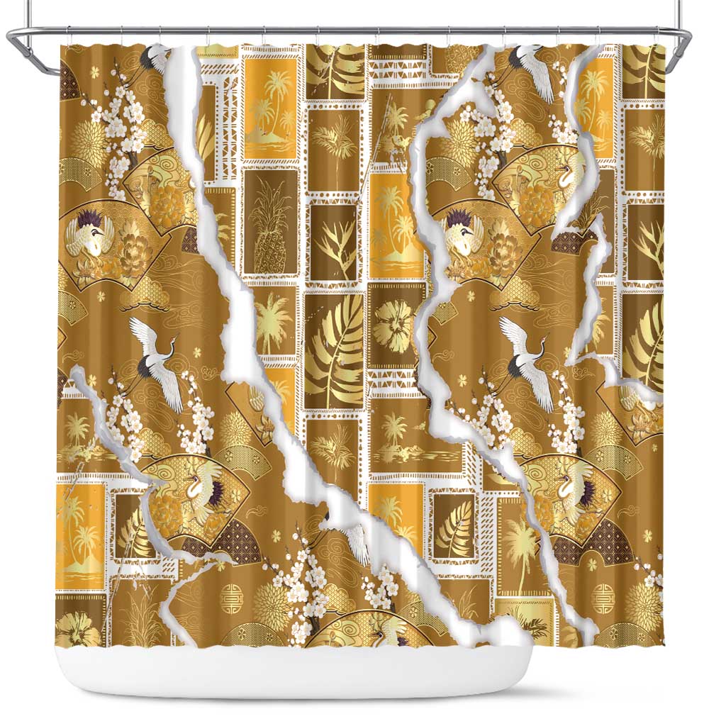 Hawaii Japanese Culture Gold Shower Curtain Spring Cranes Aloha Pattern LT01 Gold - Polynesian Pride