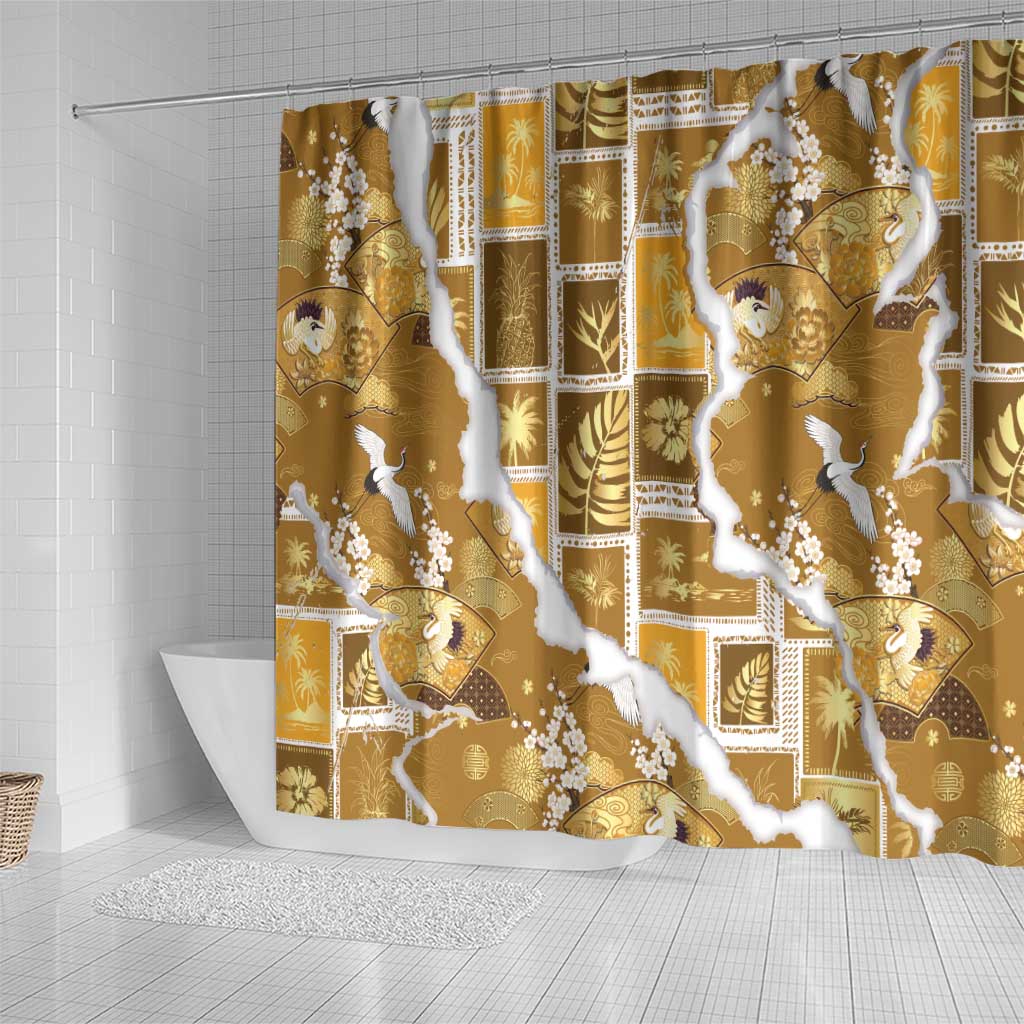 Hawaii Japanese Culture Gold Shower Curtain Spring Cranes Aloha Pattern LT01 - Polynesian Pride