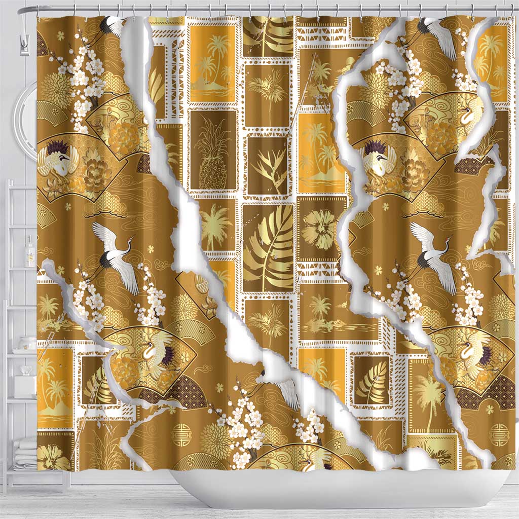Hawaii Japanese Culture Gold Shower Curtain Spring Cranes Aloha Pattern LT01 - Polynesian Pride