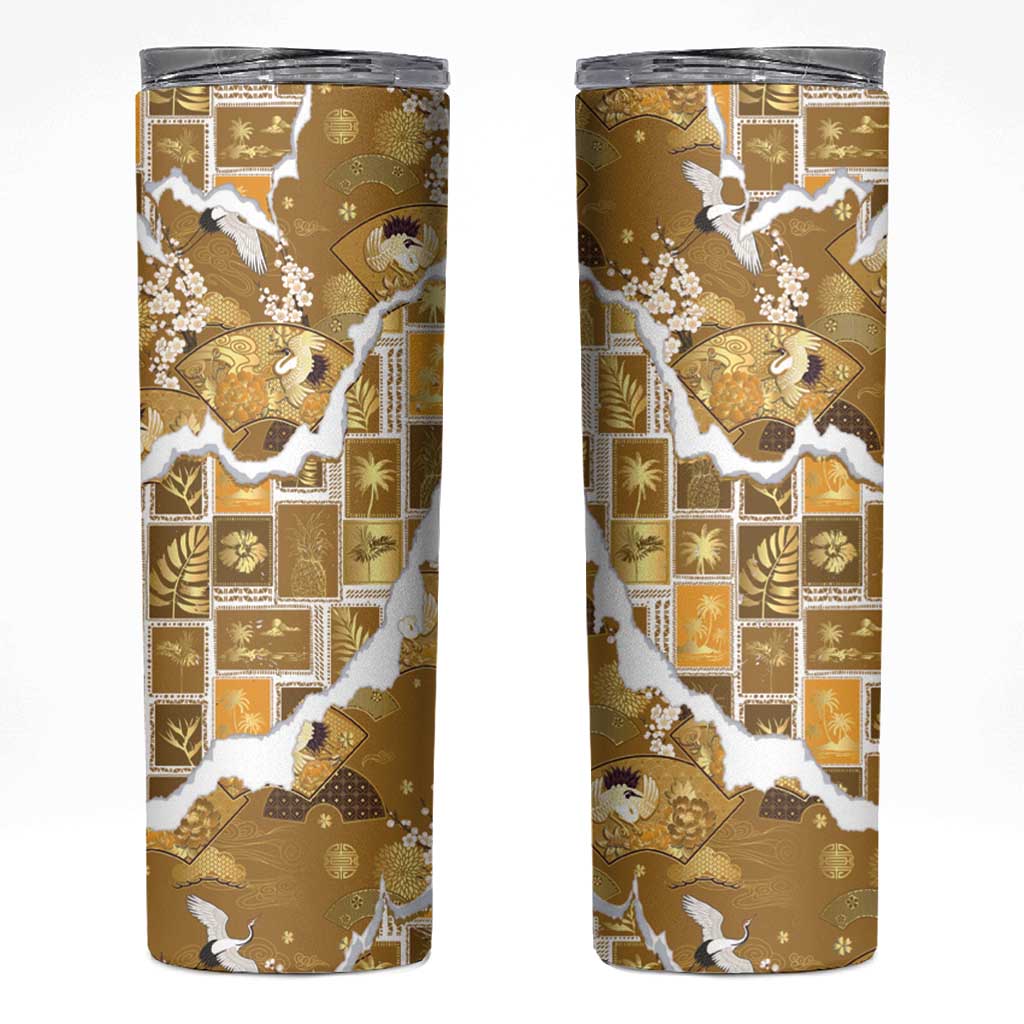 Hawaii Japanese Culture Gold Skinny Tumbler Spring Cranes Aloha Pattern LT01 Gold - Polynesian Pride
