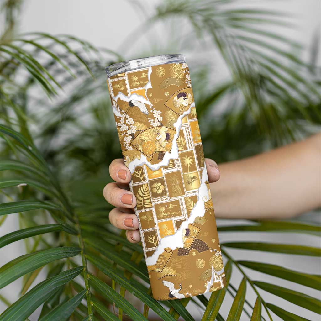 Hawaii Japanese Culture Gold Skinny Tumbler Spring Cranes Aloha Pattern LT01 - Polynesian Pride