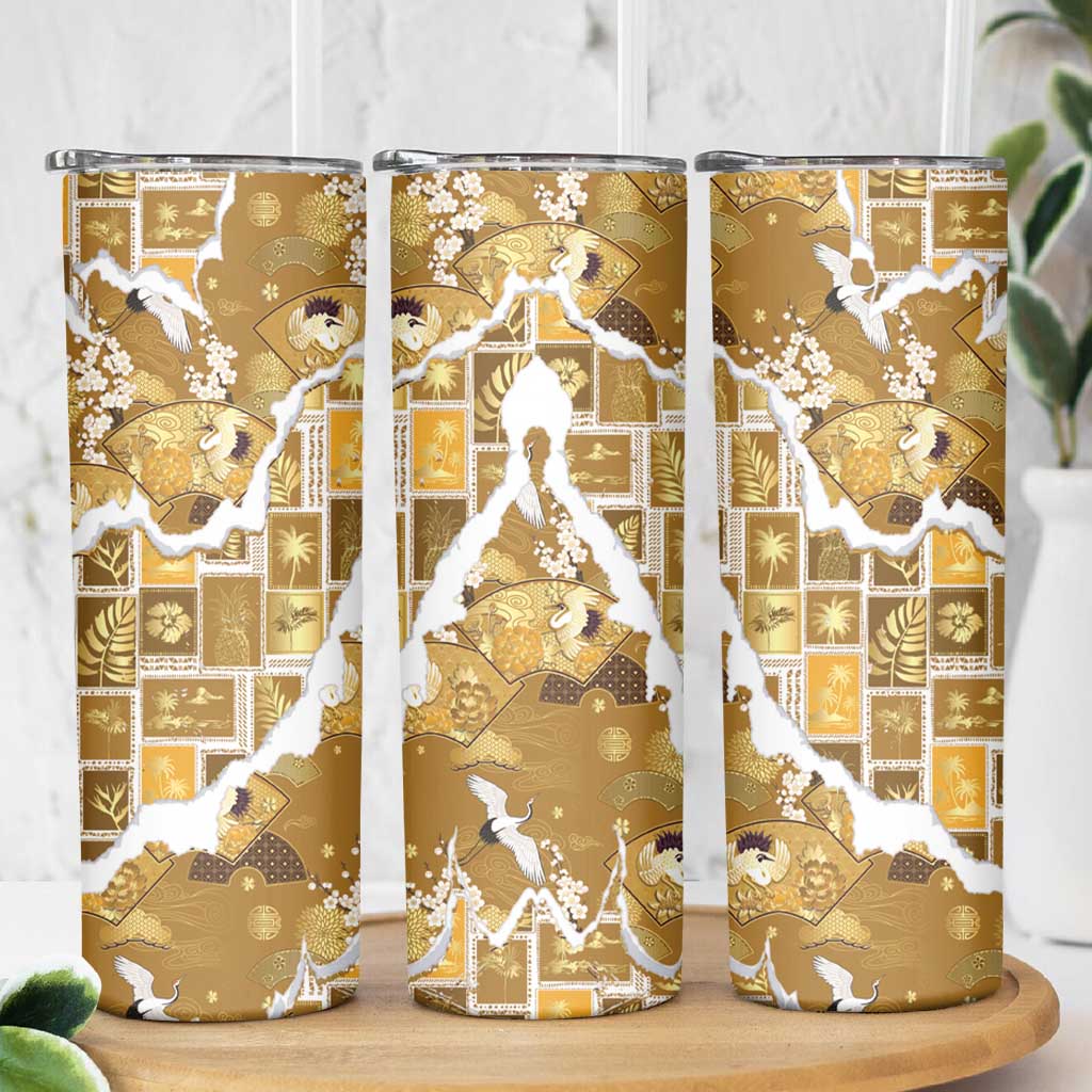 Hawaii Japanese Culture Gold Skinny Tumbler Spring Cranes Aloha Pattern LT01 - Polynesian Pride