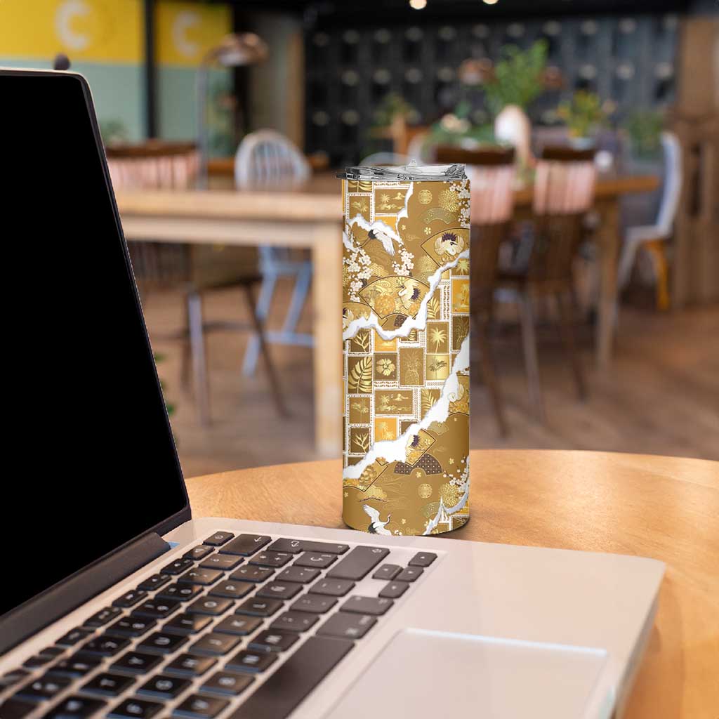Hawaii Japanese Culture Gold Skinny Tumbler Spring Cranes Aloha Pattern LT01 - Polynesian Pride