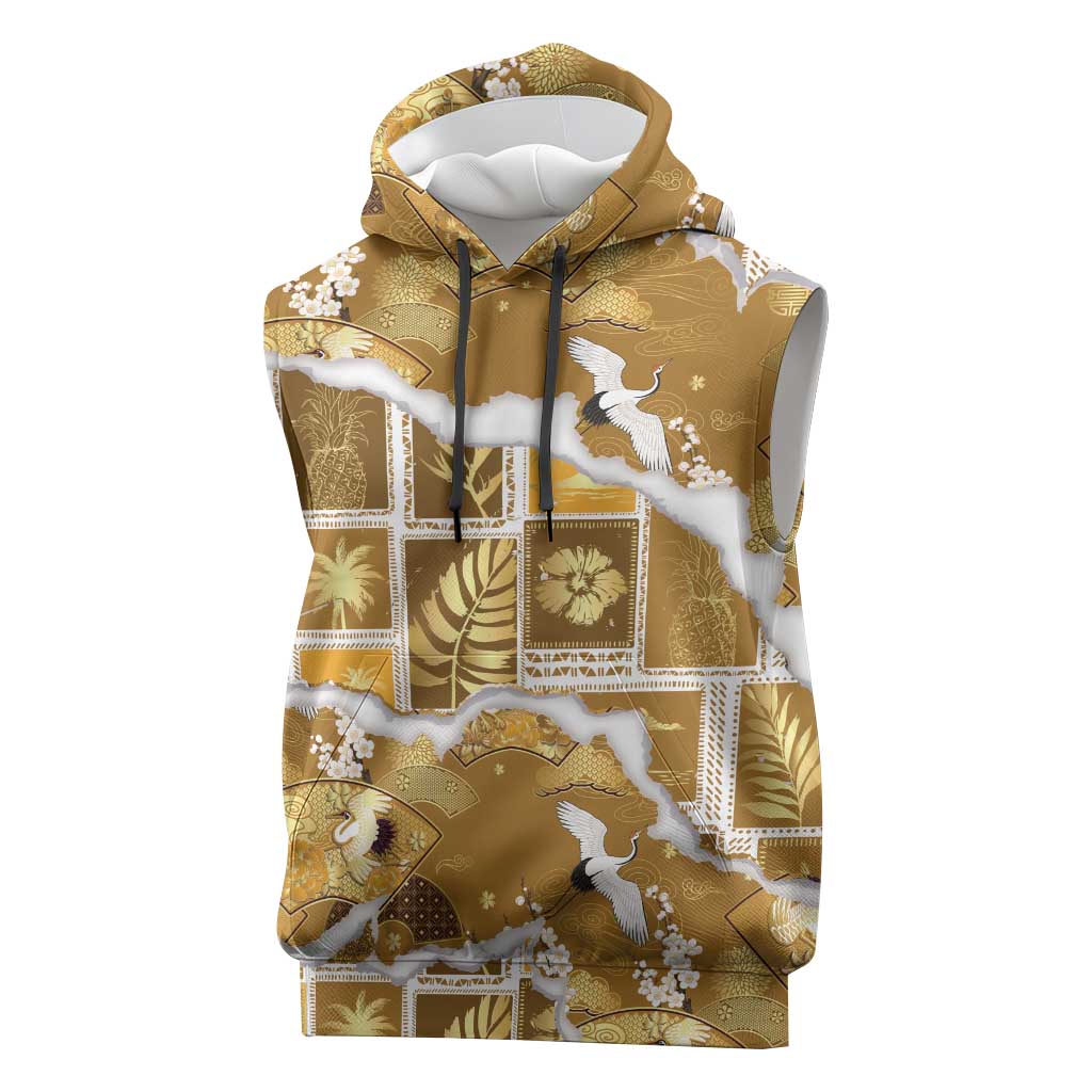 Hawaii Japanese Culture Gold Sleeveless Hoodie Spring Cranes Aloha Pattern LT01 Gold - Polynesian Pride