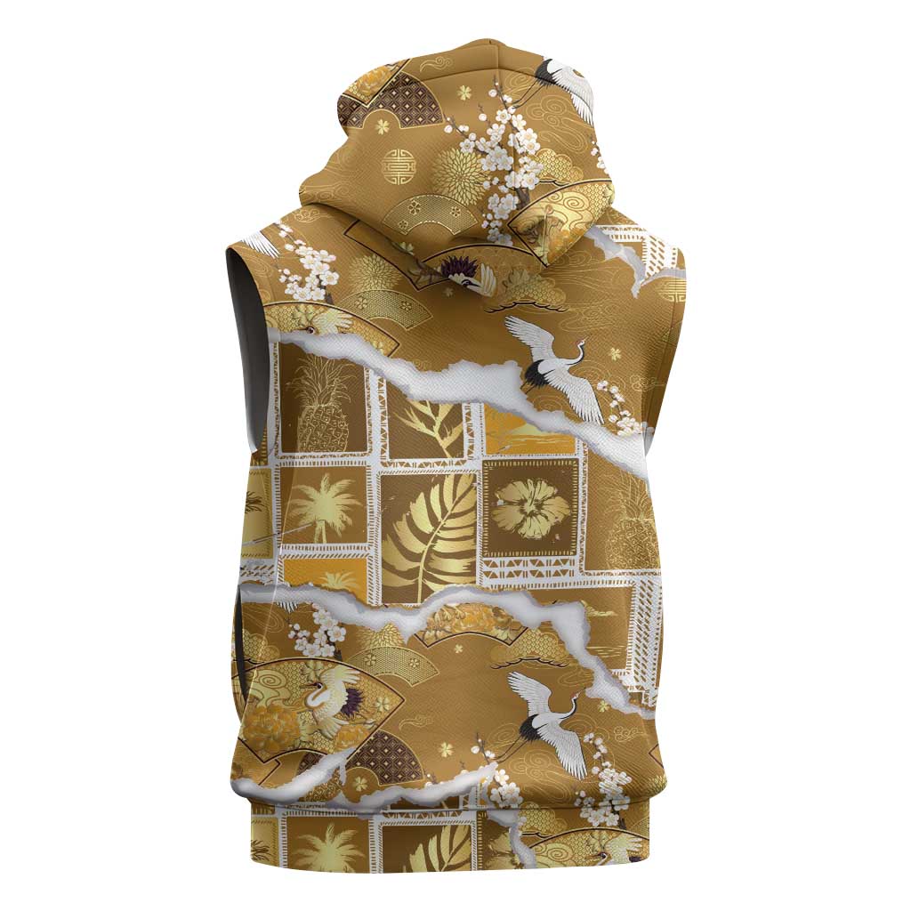 Hawaii Japanese Culture Gold Sleeveless Hoodie Spring Cranes Aloha Pattern LT01 - Polynesian Pride