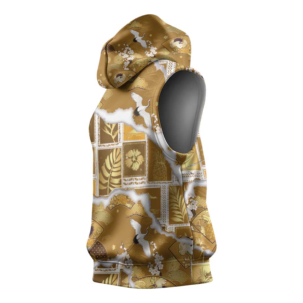 Hawaii Japanese Culture Gold Sleeveless Hoodie Spring Cranes Aloha Pattern LT01 - Polynesian Pride