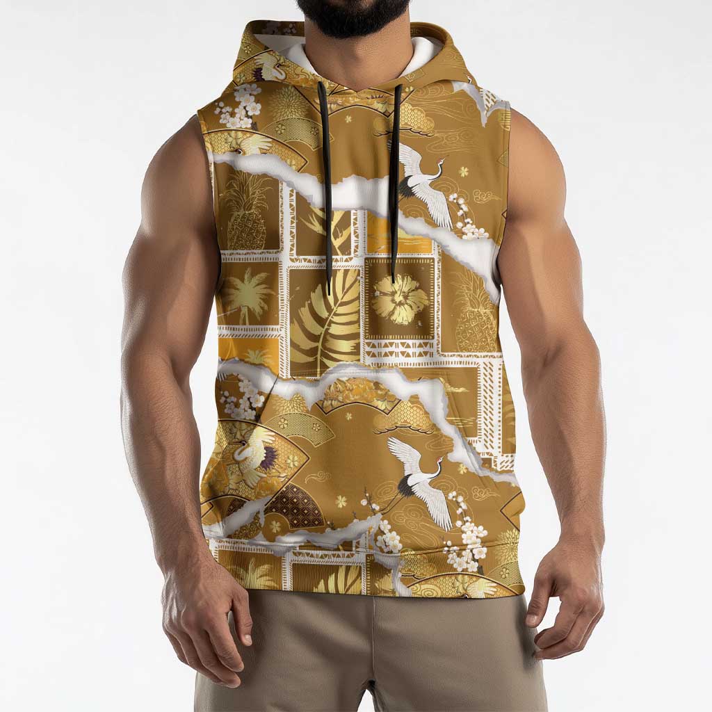 Hawaii Japanese Culture Gold Sleeveless Hoodie Spring Cranes Aloha Pattern LT01 - Polynesian Pride