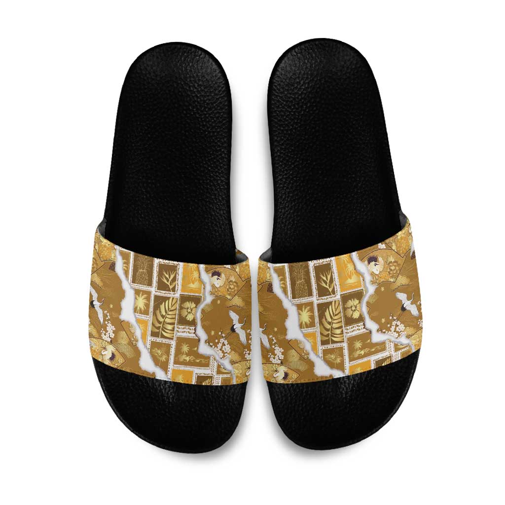Hawaii Japanese Culture Gold Slide Sandals Spring Cranes Aloha Pattern LT01 Gold - Polynesian Pride