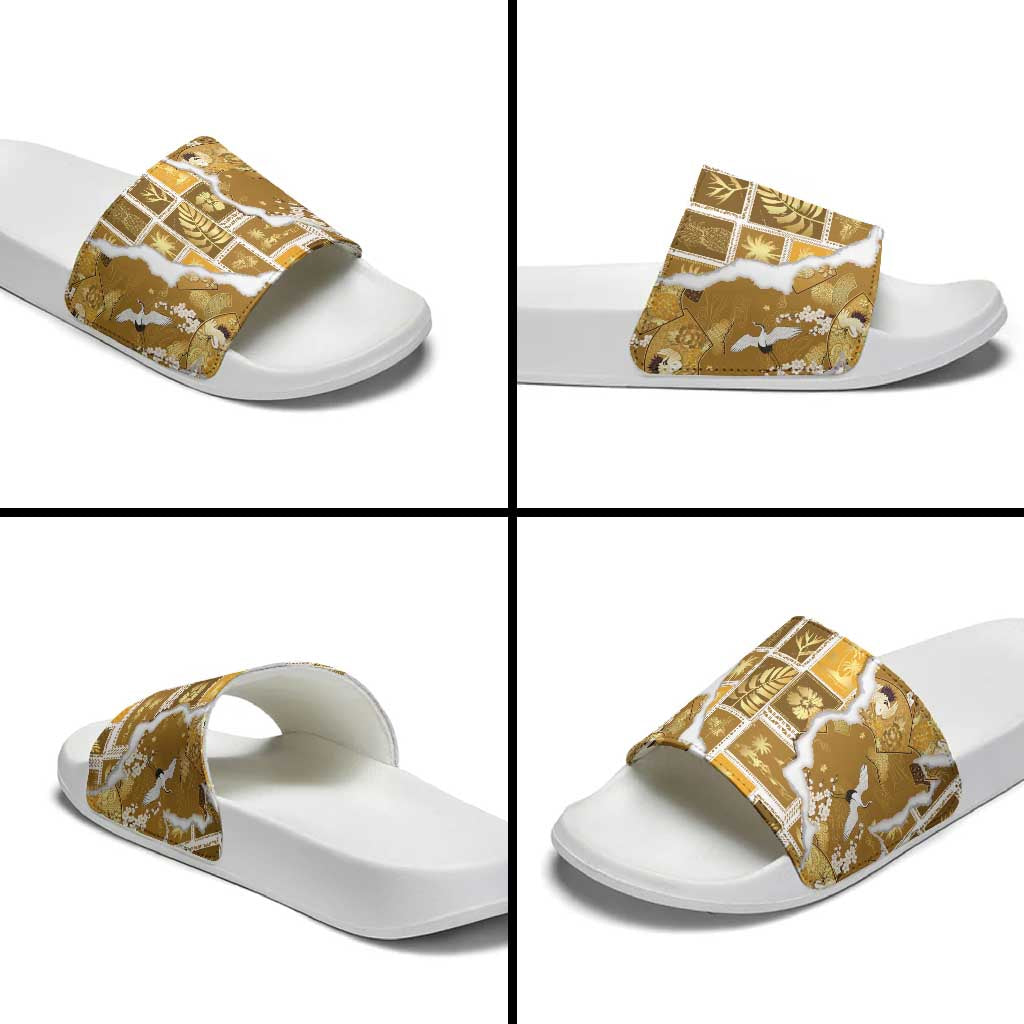 Hawaii Japanese Culture Gold Slide Sandals Spring Cranes Aloha Pattern LT01 - Polynesian Pride