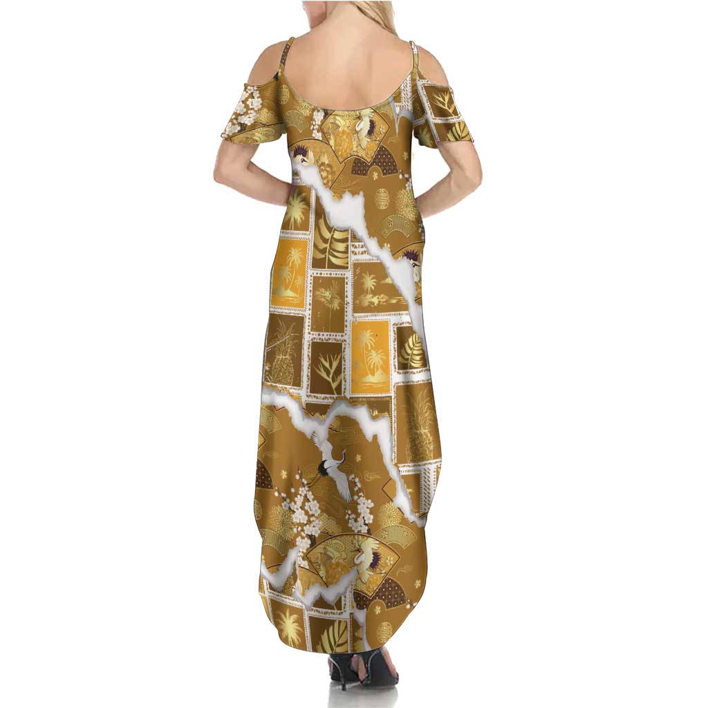 Hawaii Japanese Culture Gold Summer Maxi Dress Spring Cranes Aloha Pattern LT01 - Polynesian Pride