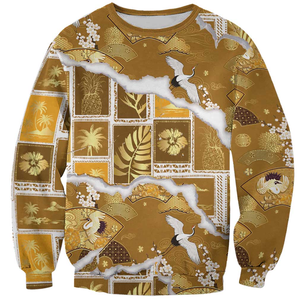 Hawaii Japanese Culture Gold Sweatshirt Spring Cranes Aloha Pattern LT01 Unisex Gold - Polynesian Pride