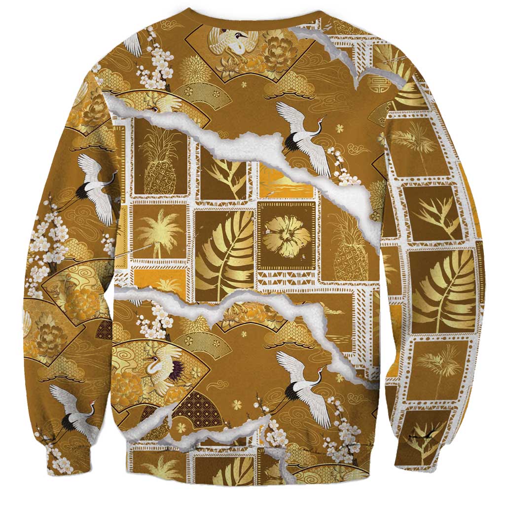 Hawaii Japanese Culture Gold Sweatshirt Spring Cranes Aloha Pattern LT01 - Polynesian Pride
