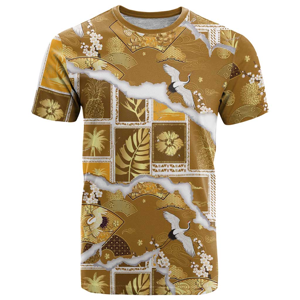 Hawaii Japanese Culture Gold T Shirt Spring Cranes Aloha Pattern LT01 Gold - Polynesian Pride