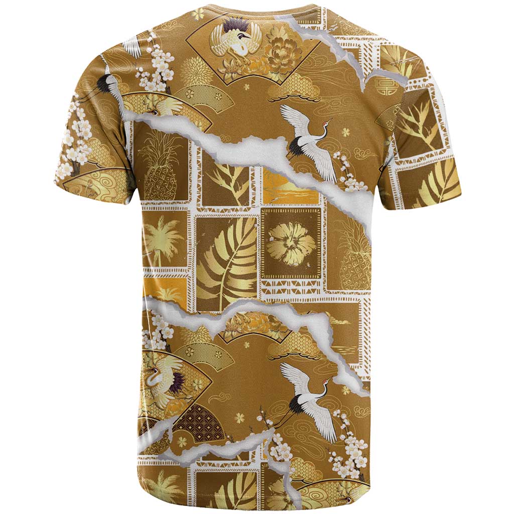 Hawaii Japanese Culture Gold T Shirt Spring Cranes Aloha Pattern LT01 - Polynesian Pride