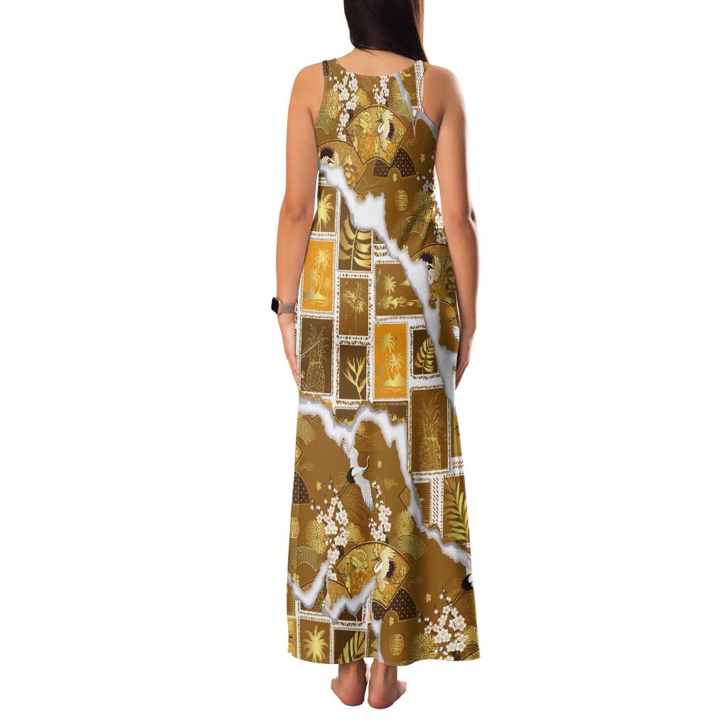 Hawaii Japanese Culture Gold Tank Maxi Dress Spring Cranes Aloha Pattern LT01 - Polynesian Pride