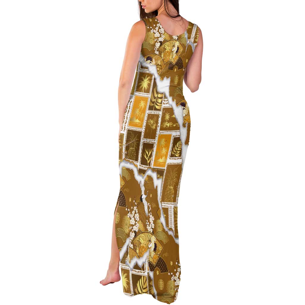 Hawaii Japanese Culture Gold Tank Maxi Dress Spring Cranes Aloha Pattern LT01 - Polynesian Pride