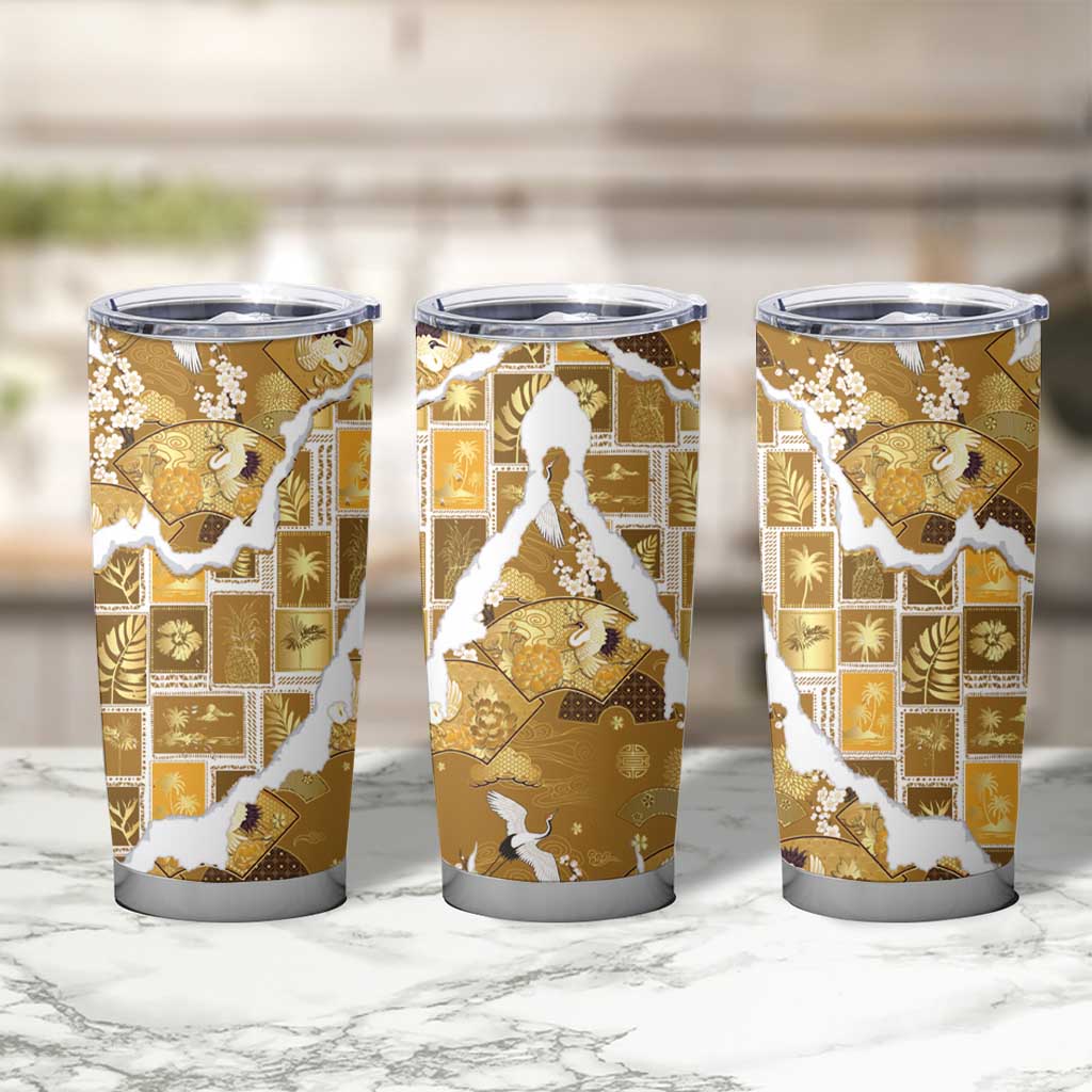 Hawaii Japanese Culture Gold Tumbler Cup Spring Cranes Aloha Pattern LT01 - Polynesian Pride